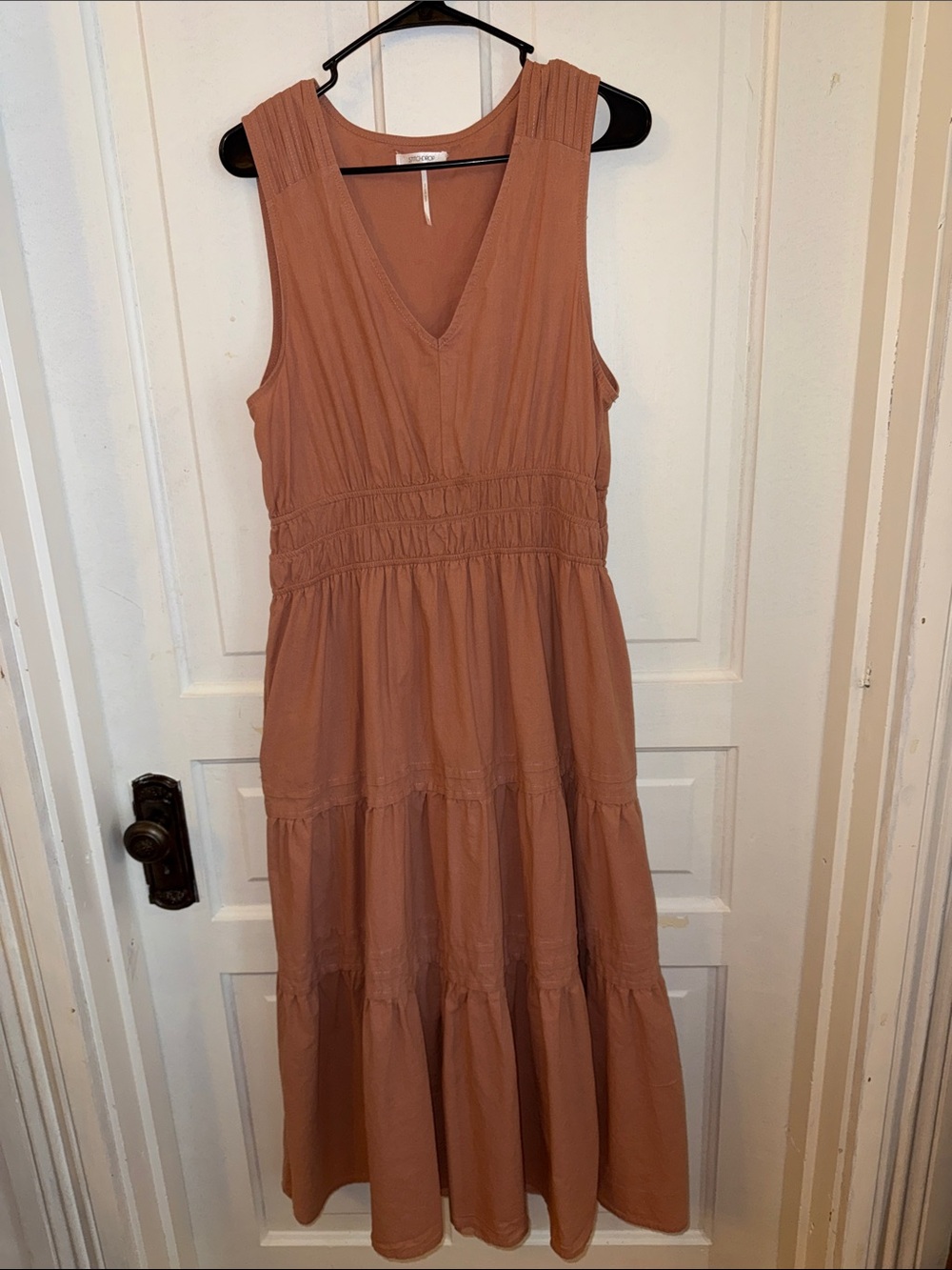 Stitch drop Tiered Midi Dress in Terracotta